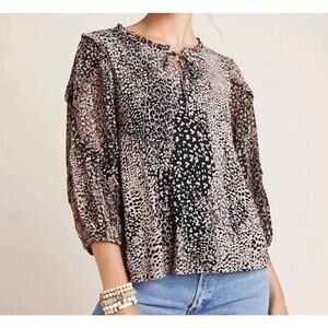 Maeve Anthropologie Jacquin Leopard Print Size SMALL Ruffle Tie Neck Peasant Top